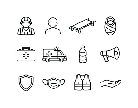 Child Rescue Icons. Child rescue operations. Line icon set of child rescue operations: rescue worker, child silhouette, stretcher, blanket wrap, first aid kit,