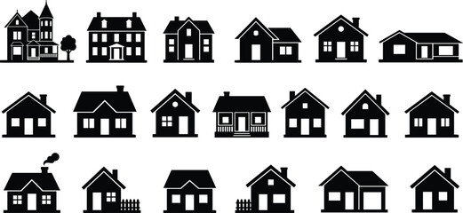 Fototapeta premium Various, residential, house, silhouette, icons, set, black, and, white, real, estate, architecture, symbols, for, neighborhood, property, development, and, home, design, vector