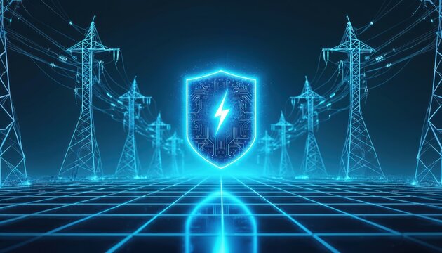 Digital shield guards electric power grid infrastructure. High voltage towers transmit energy across landscape. Cyber security protects power supply network from threats and ensures grid stability.