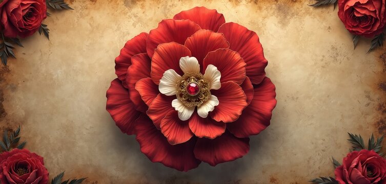 Decorative rich red rose with white petals and ruby gem center. Textured old paper background with dark leaves. Elegant floral design element for romantic themes and luxury branding.