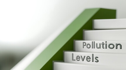 Themed design showcases levels of pollution. Green arrow guides the eye up the staircase, symbolizing a progression or escalation in air quality. Levels are clearly indicated.