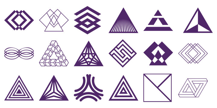 Collection of abstract geometric purple shapes and optical illusions white lines