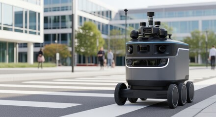 Naklejka premium Delivery robot equipped with advanced sensors and cameras preparing to cross a pedestrian crossing on a corporate campus.