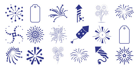 Collection of blue depicting fireworks and gift tags