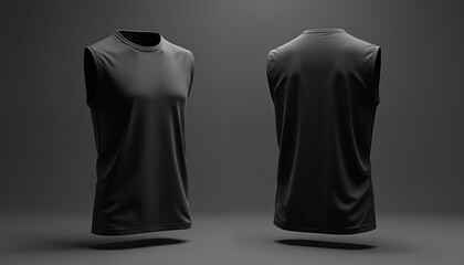 Black sleeveless shirt shown front and back views. Simple blank apparel mockup for designs or logos. Minimalist studio shot on dark background.