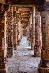 Hindu and Jain temples ware looted and destroyed by invaders. Those temple pillars are inside the Quwwat-ul-Islam Mosque at Qutub Minar complex at Mehrauli, New Delhi India.