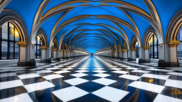 Large hall with blue ceiling and checkerboard floor in a modern building