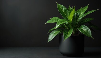 Green leafy plant in a black pot on a dark background. Lush foliage thrives indoors, symbolizing natural growth and simple home decor. Life grows.