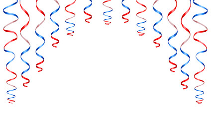Patriotic red white blue ribbon frame with symmetrical hanging streamers isolated on transparent background