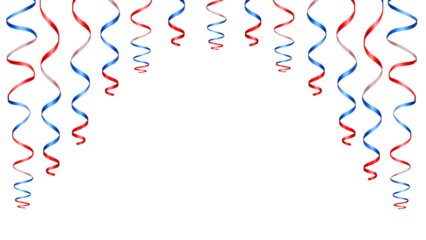 Patriotic red white blue ribbon frame with symmetrical hanging streamers isolated on transparent background
