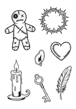 Hand drawn occult and mystical symbols collection featuring voodoo doll, crown of thorns, stitched heart, burning candle, vintage key, and feather in a dark tattoo style