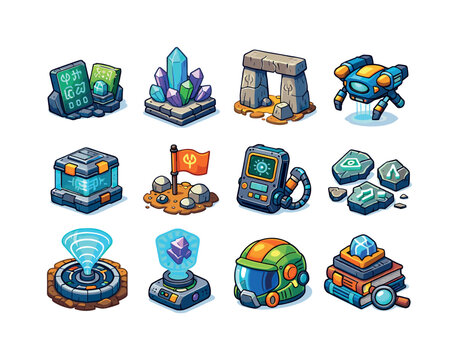 Alien Archaeology Icons. Ancient alien archaeology. Colorful isometric vector icons set of ancient alien archaeology: alien tablets, crystal relics, monolithic