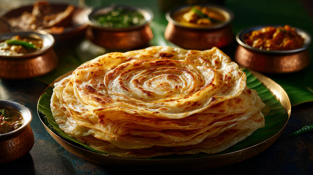 Delicious kerala parotta served on a banana leaf with various curries in the background