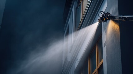 Naklejka premium Medium shot of an automated robotic system spray painting exterior walls of a house showcasing smooth application and consistent coverage in home finishing