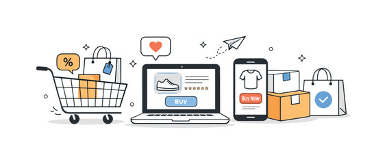 Minimalist E-commerce Design. Online shopping illustration. Minimal shopping cart, product boxes, and digital devices arranged in a clean layout, conveying