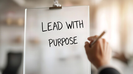 A person writing the motivational message LEAD WITH PURPOSE in black marker on a dry erase board, in an office setting with a bright background, emphasizing intentional leadership.