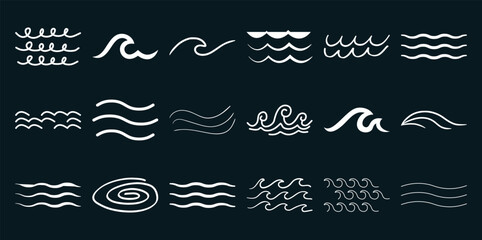 Collection of Hand Drawn White Wave and Swirls Dark Blue water ocean