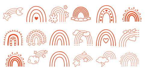 Collection of orange line rainbows with stars hearts clouds and moon