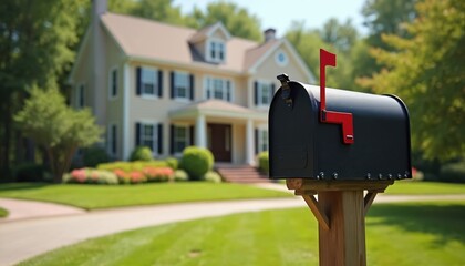 Black mailbox stands on wooden post in front of large suburban house on sunny day. Green lawn grass manicured garden bushes flower beds. White house windows shutters.