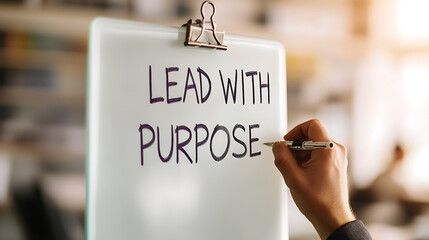 A person is seen writing "Lead with Purpose" on a whiteboard with a marker, highlighting the importance of intentionality and direction in leadership and personal growth.