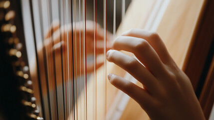 Elegant hands grace the harp, strings shimmering with light, creating melodic art. Classical harmony in motion, a symphony of touch and sound. Musical expression unfolds.