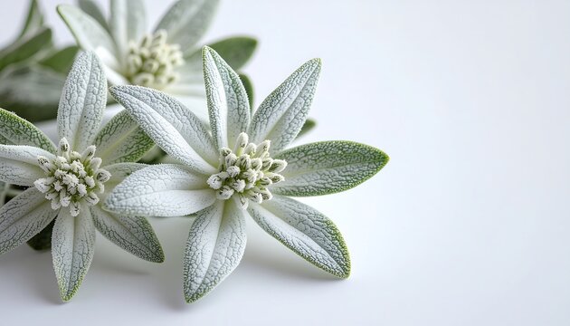 White Edelweis flowers with green leaves on white background