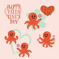 Cute octopus illustration set for valentine's day.
