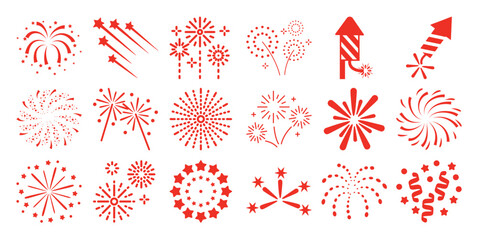 Collection of red abstract fireworks and rockets white celebration explosion