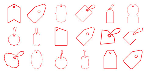 Collection of red outline gift tags and price tags in various shapes