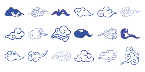 Collection of stylized blue and red oriental cloud shapes white asian traditional