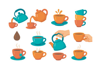 Vibrant Tea Icons. Pouring tea. Colorful flat vector icons set of Pouring tea: kettle tilted, teapot tilted, tea stream into cup, splash in teacup, saucer