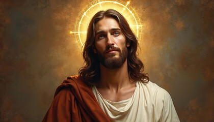 Portrait of Jesus Christ with a radiant halo and warm textured background. He looks forward with a calm and serene expression. Divine and spiritual imagery.
