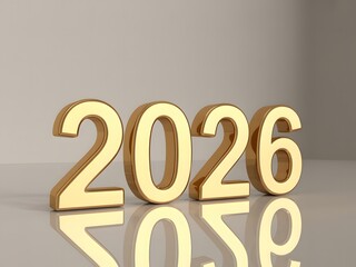 Golden 3d numbers 2026 on reflective surface with shadow