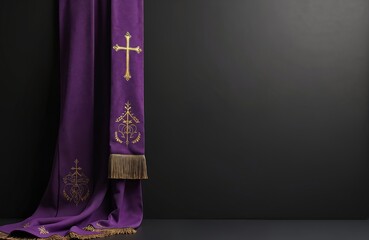 Purple violet priest stole with gold cross and ornate trim lies folded on dark background. Clergy vestment used for church services prayer confession and funeral rites.