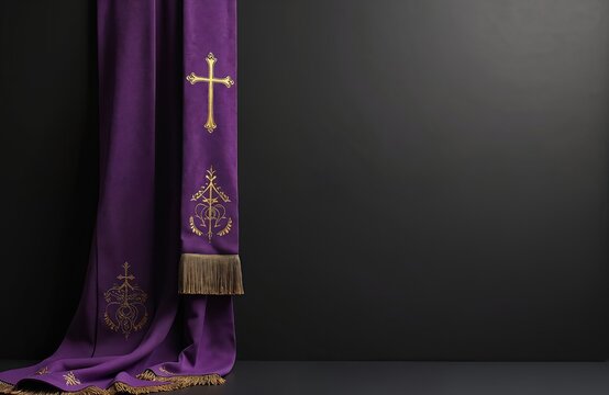 Purple violet priest stole with gold cross and ornate trim lies folded on dark background. Clergy vestment used for church services prayer confession and funeral rites.