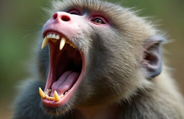 Hamadryas baboon yawns wide showing sharp teeth, pink mouth interior. Gray furred primate displays its impressive canine teeth, pink nose detail. Close up view captures primate face with open jaws.