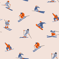 Set of Skiers, Snowboarders in motion. Sportsmen in different poses. Winter sports, extreme outdoor activity concept. Hand drawn Vector illustration. Square seamless Pattern, background, wallpaper 