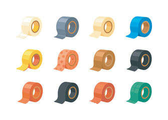 Colorful Adhesive Tape Icons. Adhesive tapes. Colorful flat vector icons set of adhesive tapes: clear tape, duct tape, masking tape, painter?s tape,