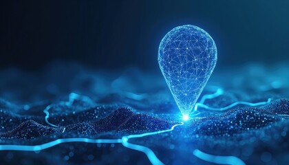Abstract futuristic glowing map pin marker, digitally connected network lines pulse on dark blue background. Shows location point, destination data, route planning, navigation system. Global
