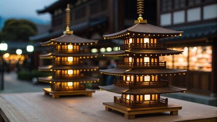 Miniature Wooden Pagoda Structures Glowing Warmly