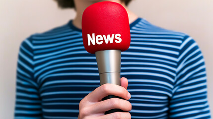 Person holding a red microphone with the word News written on it. The person is wearing a blue and white striped shirt, indicating a reporter or journalist at a press conference.
