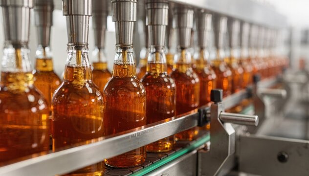 Closeup of glass bottles being precisely filled with syrup on automated conveyor showcasing smooth liquid flow and hygiene in retail packaging processes.