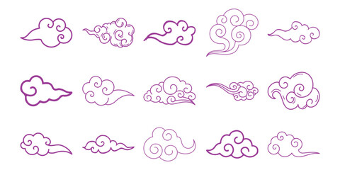 Collection of stylized purple clouds with swirling patterns a white