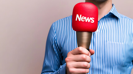 Man in blue shirt holds a red microphone with the word "News" in white. The microphone represents broadcasting, journalism and disseminating current affairs updates to the public.