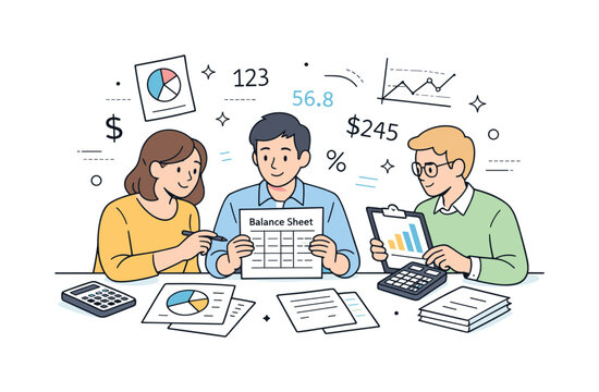 Financial Team Collaboration. Business finance and accounting. Financial team reviewing balance sheets and charts together, calm collaboration and focused