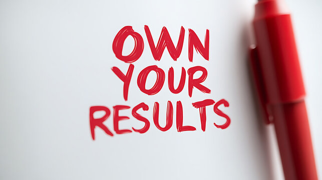 A powerful message boldly displayed: Own Your Results. A vivid call to action, scribed in red, alongside a matching writing tool, emphasizing accountability and ownership of outcomes.