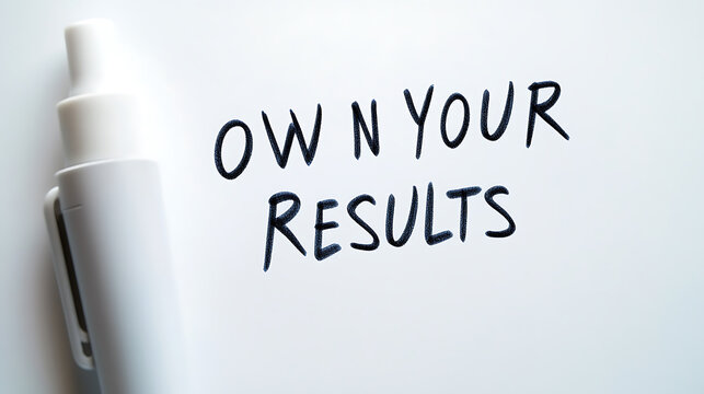 Empowering message displayed with a marker on a whiteboard reads: 'Own Your Results,' encouraging personal responsibility and accountability. A minimalist, motivational reminder.
