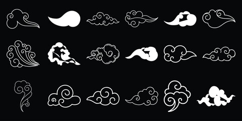 Collection of stylized white clouds with swirling patterns a black