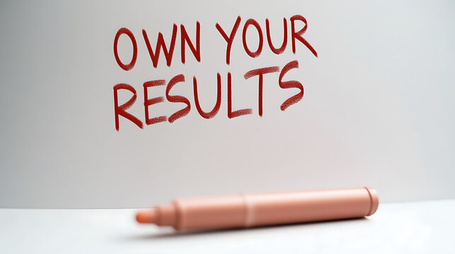 A close up shot of a pen with the words "Own Your Results" written in red. It encourages accountability and responsibility for outcomes.  A reminder to take charge!