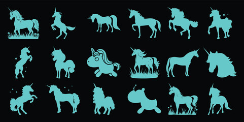 Collection of teal silhouette unicorns in various poses and styles black
